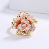 Golden Flower Pink Enamel Handmade AAA Diamonds Zircon Epoxy 925 Silver Ring
