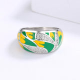 Elegant Fashion Leaf AAA Zircon Diamonds Green Handmade Enamel Silver Ring
