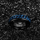 New Men's 8mm Tungsten Carbide Ring Black Tungsten Steel Ring with Blue Rotatable Inlaid Chain - The Jewellery Supermarket