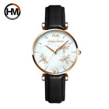 New Elegant Dragonfly Design White Oyster Pearl Shell Scallop Dial Quartz Ladies Watch Stainless Steel Women Watches