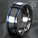 New Arrival 8mm Double Blue Stripe Men's Tungsten Carbide ring - Comfort Fit Wedding Rings - The Jewellery Supermarket