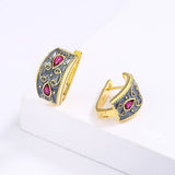 Exquisite Gold Inlaid AAA Red Zircon Crystal Handmade Enamel Two-tone Earrings