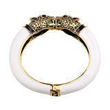 Unique Design Trendy Double Leopard Head Enamel Statement Cuff Bracelets Bangles, Gold Plated Animal Vintage Bracelet