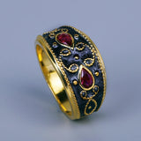 Two-tone Handmade Enamel Inlaid with AAA Red Zircon Crystal Classic 18KGP Ring
