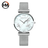 New Elegant Dragonfly Design White Oyster Pearl Shell Scallop Dial Quartz Ladies Watch Stainless Steel Women Watches