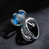 Fine Blue AAA Zircon Crystals Hollow Geometry Flower Filled 14K Rose Gold Ethnic Rings - Vintage Wedding Jewellery