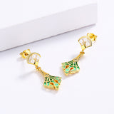 Fashion Inlaid Pearl Long Green Handmade Enamel Tassel 925 Silver Earrings