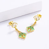 Fashion Inlaid Pearl Long Green Handmade Enamel Tassel 925 Silver Earrings