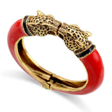 Unique Design Trendy Double Leopard Head Enamel Statement Cuff Bracelets Bangles, Gold Plated Animal Vintage Bracelet