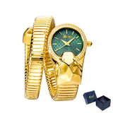 Amazing Luxury Brand Red Dial Snake Shape Zirconia Diamond Ladies Gold Iced Out Analog Quartz Movt Unique Watch