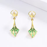 Fashion Inlaid Pearl Long Green Handmade Enamel Tassel 925 Silver Earrings