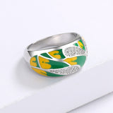 Elegant Fashion Leaf AAA Zircon Diamonds Green Handmade Enamel Silver Ring
