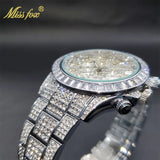 Luxury Gold Stainless Steel Iced Bracelet Purple CZ Diamonds 3 Dial Watches