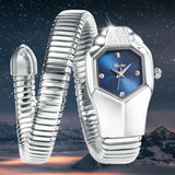 Hot Fashion Stainless Steel Bangle Snake Shape Zircon Diamond Ladies Watches - Quartz Silver Colour Wristwatches