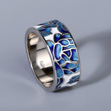 New Arrival Classic Epoxy Handmade Enamel Blue Flower 925 Silver Ladies Ring