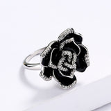 Elegant Unique Black Flower Handmade Enamel AAA Zircon Diamonds Ring