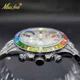 Luxury Gold Stainless Steel Iced Bracelet Purple CZ Diamonds 3 Dial Watches