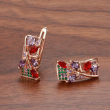 14K Gold Filled AAA Inlay Jelly Green Violet Zircon Diamonds Gold Flower Square Earrings