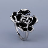 Elegant Unique Black Flower Handmade Enamel AAA Zircon Diamonds Ring