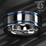 New Arrival 8mm Double Blue Stripe Men's Tungsten Carbide ring - Comfort Fit Wedding Rings - The Jewellery Supermarket