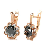 14K Rolled Rose Gold Center Inlay AAA Black Zircon Diamonds Surround Flower Earrings