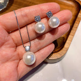 Charming White Big Lab Created Pearl and Lab Diamonds Pendant Necklace Earrings Party Delicate Jewellery Sets - The Jewellery Supermarket