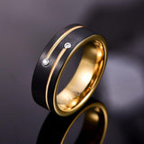 New 8mm Black Tungsten Steel Ring with Two Gold Grooves Inlaid with 2 Zircons Rings Men Ring - The Jewellery Supermarket