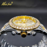 Luxury Gold Stainless Steel Iced Bracelet Purple CZ Diamonds 3 Dial Watches