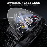 New Black Skeleton Mechanical Watches Triangle Automatic Stainless Steel Irregular  Transparent Back Case Wristwatch