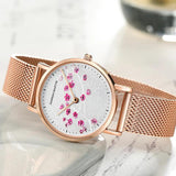 New Design Elegant Red Plum Blossom Dial Female Watch - Quartz Movement Genuine Leather Band  Ladies Wristwatches