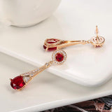 Luxury Water Drop 14K Rolled Rose Gold AAA Zircon Ruby/Emerald Dangle Earrings For Women - Fine Jewellery