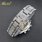 Luxury Gold Stainless Steel Iced Bracelet Purple CZ Diamonds 3 Dial Watches
