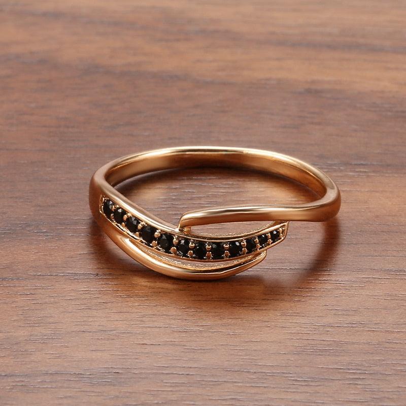 Natural Black Zircon Crystals Cross Rose Gold Geometric Hollow Line Ring - Vintage Fashion Jewellery - The Jewellery Supermarket