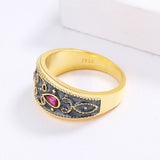 Two-tone Handmade Enamel Inlaid with AAA Red Zircon Crystal Classic 18KGP Ring
