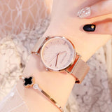 Elegant Flash Stars Design Ladies Watch, Stainless Steel Rose Gold Colour Mesh Casual Quartz Waterproof Wristwatches