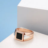 14K Rolled Gold Simple Square Black AAA Zircon Stone Unisex Ring Fine Jewellery