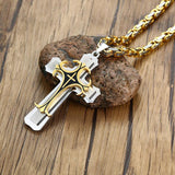 Amazing Cross Necklace For Men - Byzantine Gold Colour Stainless Steel Chain Catholic Crucifix Pendant - The Jewellery Supermarket