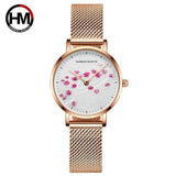 New Design Elegant Red Plum Blossom Dial Female Watch - Quartz Movement Genuine Leather Band  Ladies Wristwatches