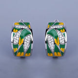 Classic Leaf Green Handmade Enamel AAA Zircon Diamonds Silver Earrings
