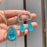 Luxury Paraiba Tourmaline Blue Stone and Aquamarine Diamond Angels Wings Design Fashion Jewelry Set