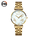 New Elegant Dragonfly Design White Oyster Pearl Shell Scallop Dial Quartz Ladies Watch Stainless Steel Women Watches