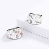 New Exquisite AAA Zircon Diamonds Red White Flower Handmade Enamel Ring