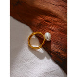 18K Gold Plated  Fashion Stainless Steel Geometric Elegant Shell Pearl Ring Charm Jewellery