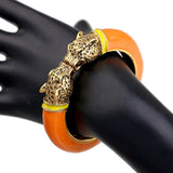 Unique Design Trendy Double Leopard Head Enamel Statement Cuff Bracelets Bangles, Gold Plated Animal Vintage Bracelet