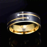New Arrival Inlaid with 2 Zircons 8mm Black Tungsten Steel Ring with Two Gold Grooves - Popular Mens Jewellery
