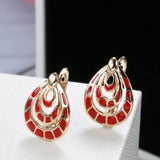 14K Gold Filled Geometric Blue, Red Plaid Paint Enamel Drop Circle Fashion Earrings