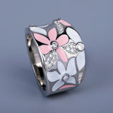 New Exquisite AAA Zircon Diamonds Red White Flower Handmade Enamel Ring