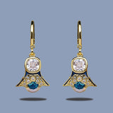 Classic Geometric Triangle Inlaid Blue Zircon Handmade Enamel Long Earrings