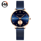 Elegant Simple Fashion Rose Gold Colour Case Ladie's Watch Blue Stainless Steel Mesh Belt Quartz Waterproof Watches