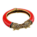 Unique Design Trendy Double Leopard Head Enamel Statement Cuff Bracelets Bangles, Gold Plated Animal Vintage Bracelet